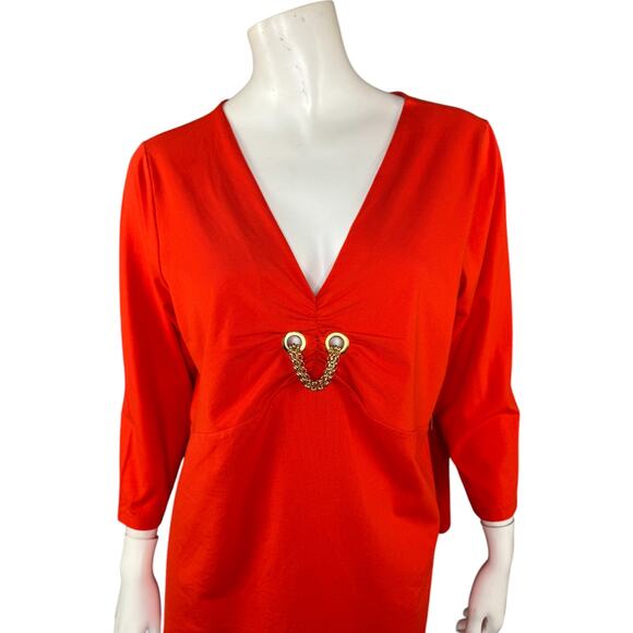 Jones New York Orange Womens 1X Stretch 3/4 Sleeve Blouse Chain Detail V-Neck - Picture 8 of 12